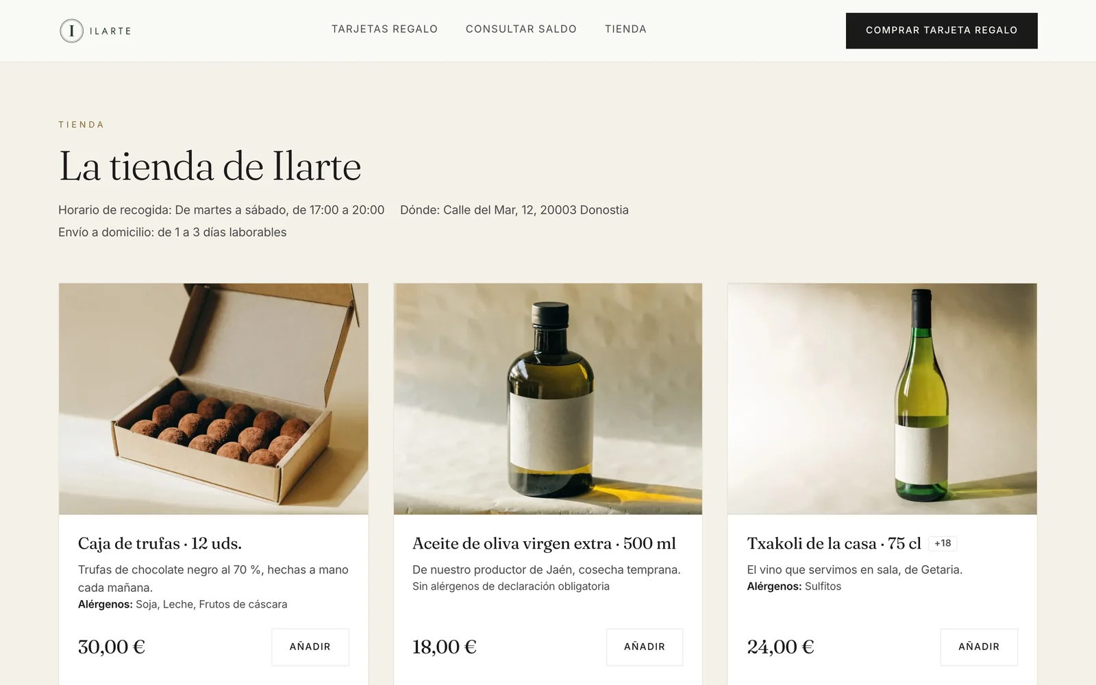 La tienda de Ilarte, un restaurante de ejemplo: seis productos con su foto, su precio y sus alérgenos