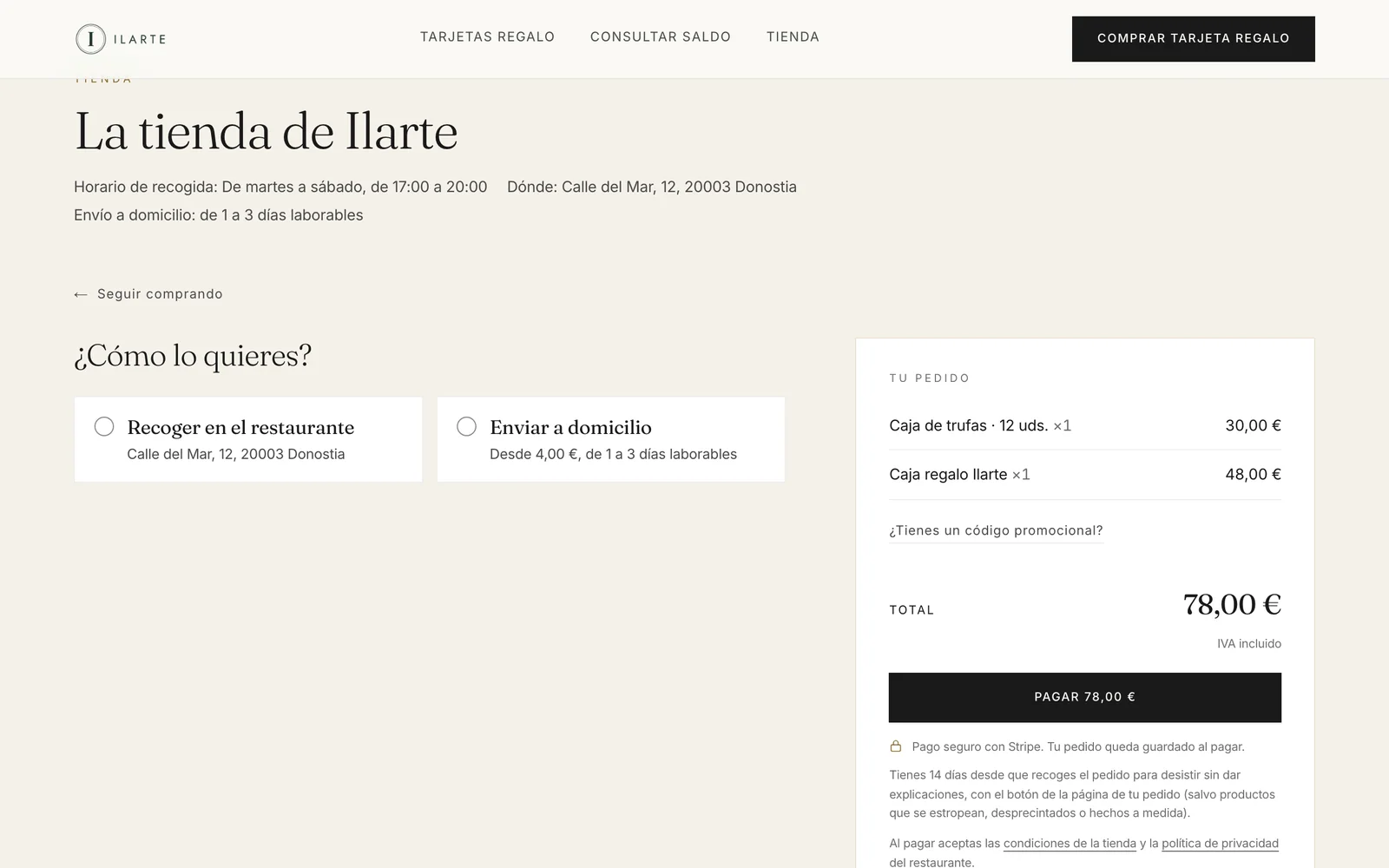 El paso del pedido donde el cliente elige entre recoger en el restaurante o envío a domicilio
