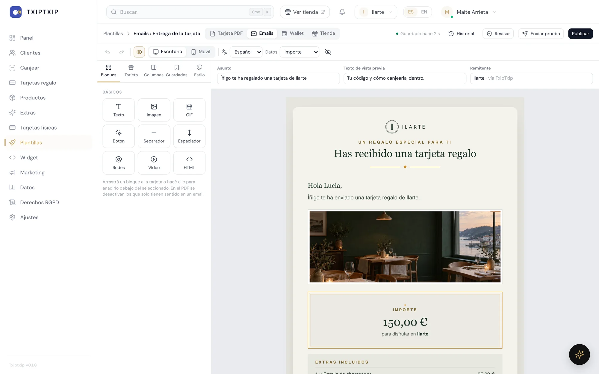 El estudio de diseño con el email de entrega de Ilarte, un restaurante de ejemplo